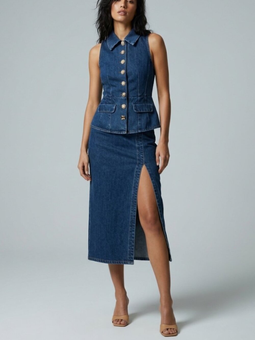 Self-Portrait Blue Denim Sleeveless Top & Midi Skirt 2 Piece SET Dress Size 2